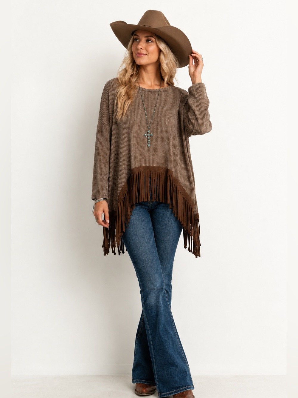 Western Waffle Knit Fringe Tunic Large Boho Western Thermal Top